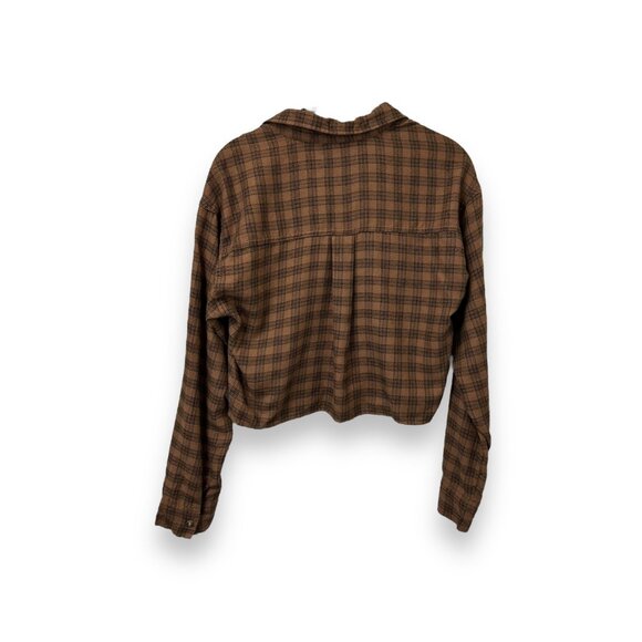 Hollister Womens Brown Plaid Oversized Boxy Cropped Button-Down Flannel Shirt XS - Picture 6 of 11